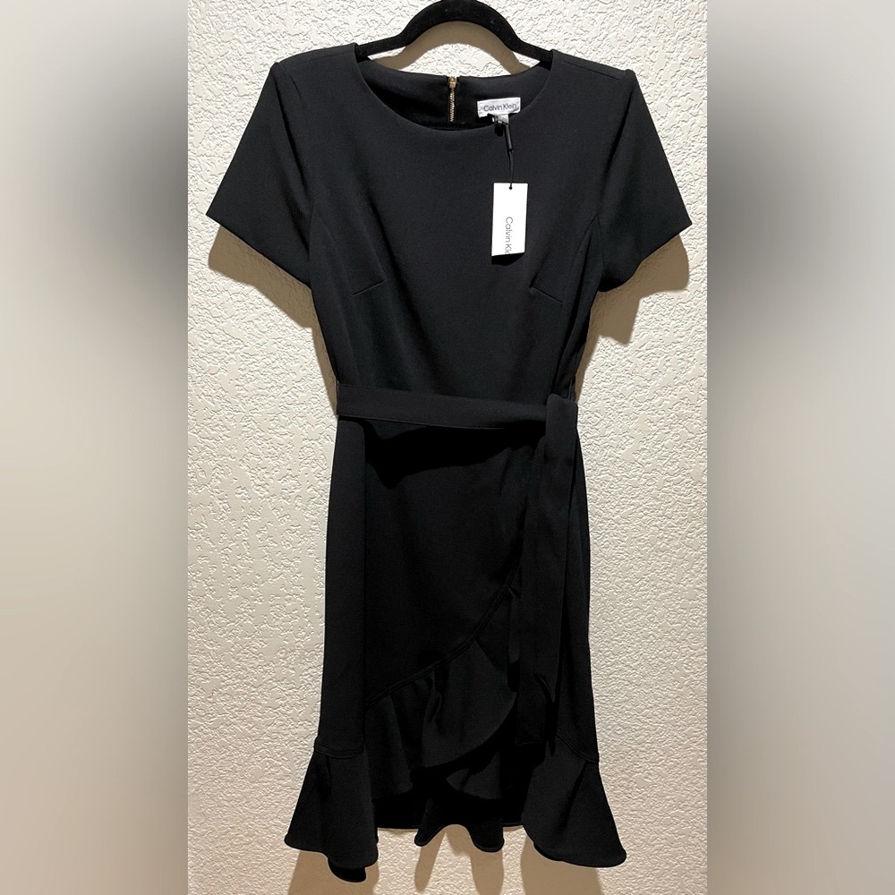 NWT Calvin Klein Belted Ruffle Fit and Flare Black Dress Size 8
